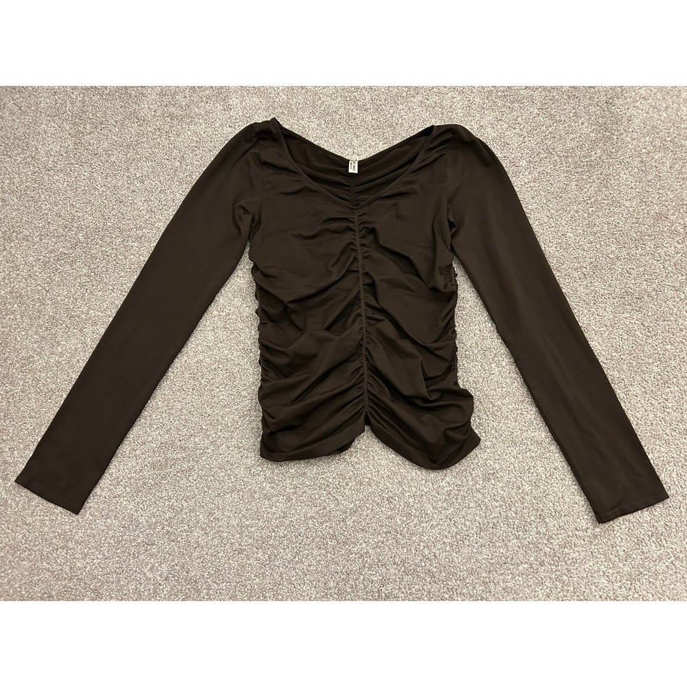 Last Tango Ruched Long Sleeve Top Womens M/L Brown Excellent V-Neck Bodycon 1173